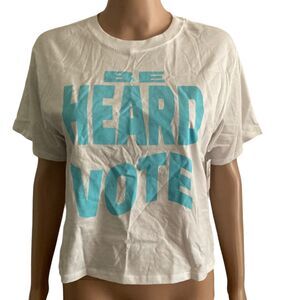 BP. Be Heard Vote Tshirt Womens small White Blue Spell-out Stretch